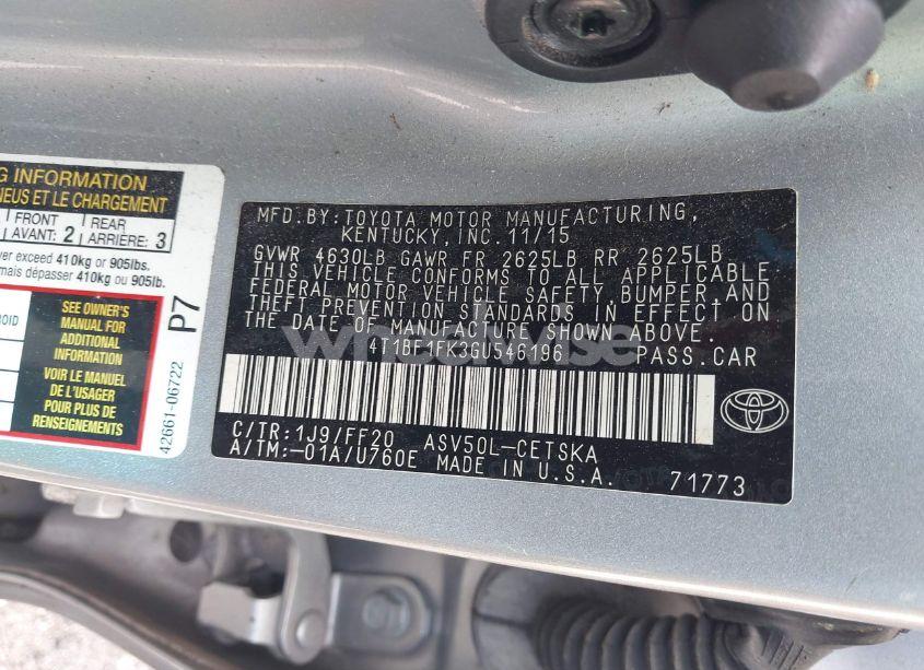 Photo 9 of 2016 Toyota Camry SE (VIN 4T1BF1FK3GU546196)