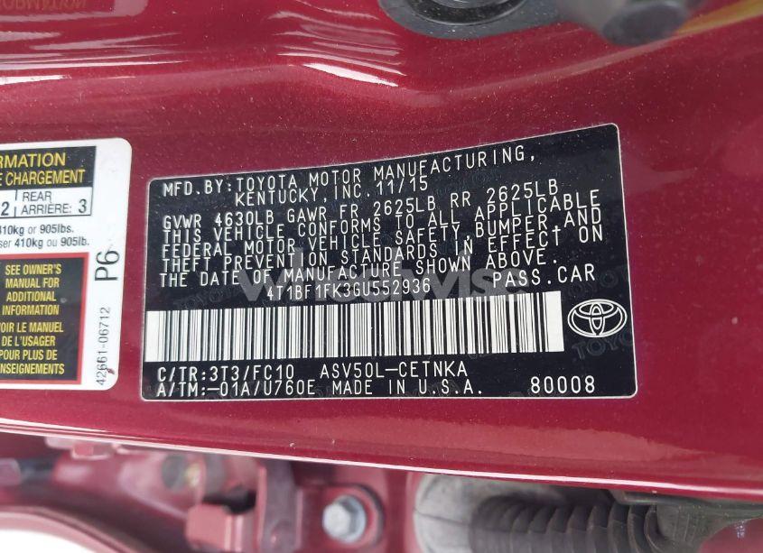 Photo 9 of 2016 Toyota Camry LE (VIN 4T1BF1FK3GU552936)