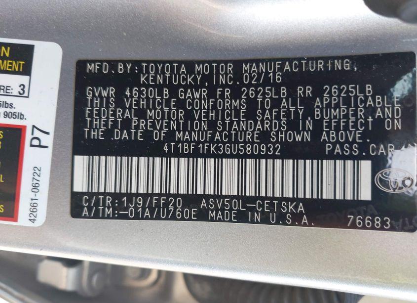 Photo 9 of 2016 Toyota Camry SE (VIN 4T1BF1FK3GU580932)