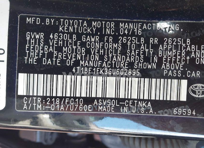 Photo 9 of 2016 Toyota Camry LE (VIN 4T1BF1FK3GU602895)