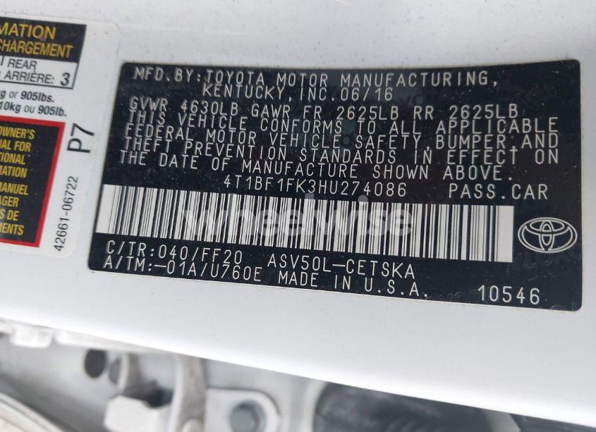 Photo 9 of 2017 Toyota Camry SE (VIN 4T1BF1FK3HU274086)