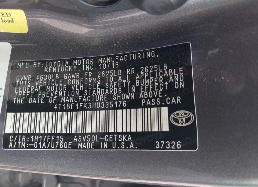 Photo 9 of 2017 Toyota Camry SE (VIN 4T1BF1FK3HU335176)