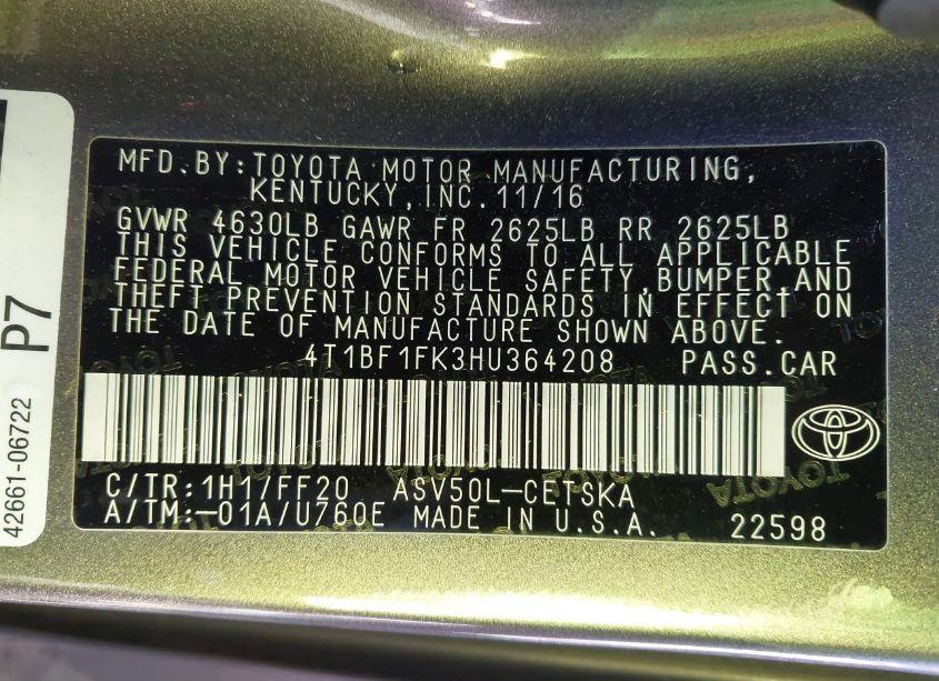 Photo 9 of 2017 Toyota Camry SE (VIN 4T1BF1FK3HU364208)