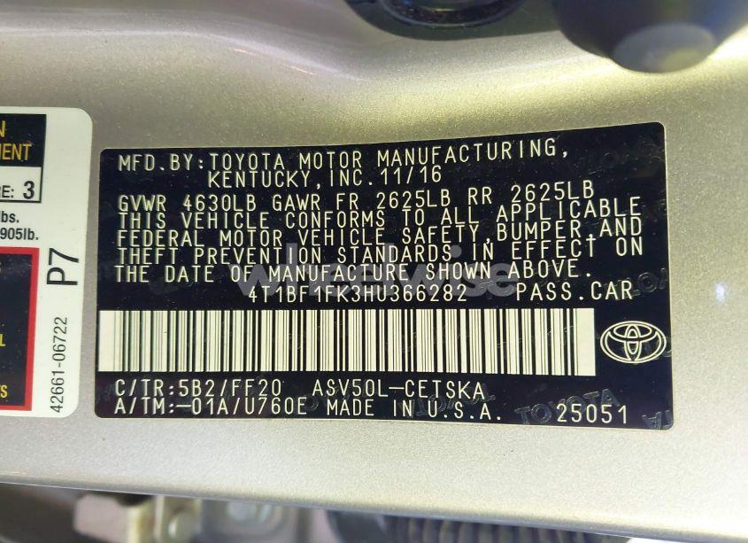 Photo 9 of 2017 Toyota Camry SE (VIN 4T1BF1FK3HU366282)