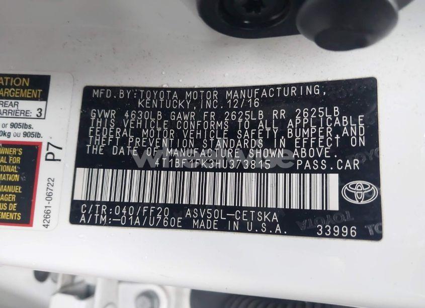 Photo 9 of 2017 Toyota Camry SE (VIN 4T1BF1FK3HU373815)