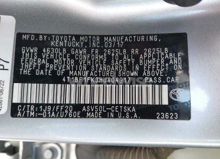 Photo 9 of 2017 Toyota Camry SE (VIN 4T1BF1FK3HU404917)