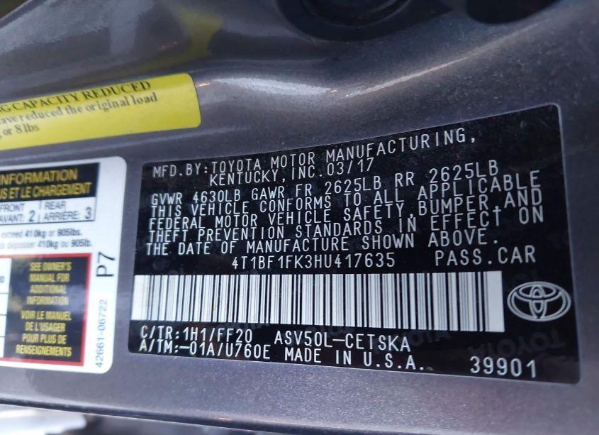 Photo 9 of 2017 Toyota Camry SE (VIN 4T1BF1FK3HU417635)