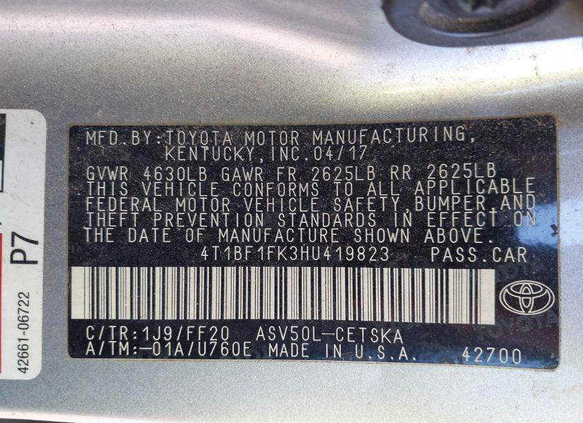 Photo 9 of 2017 Toyota Camry SE (VIN 4T1BF1FK3HU419823)