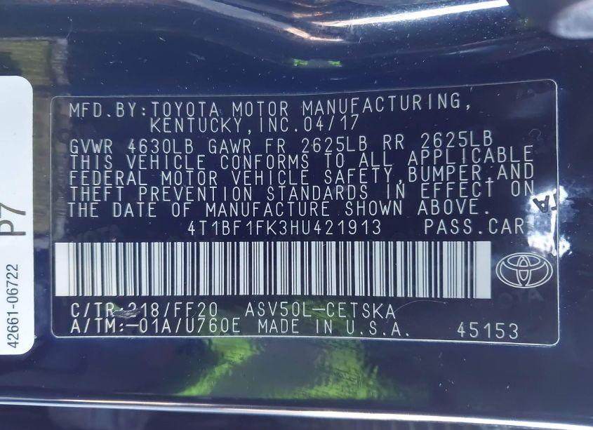 Photo 9 of 2017 Toyota Camry SE (VIN 4T1BF1FK3HU421913)