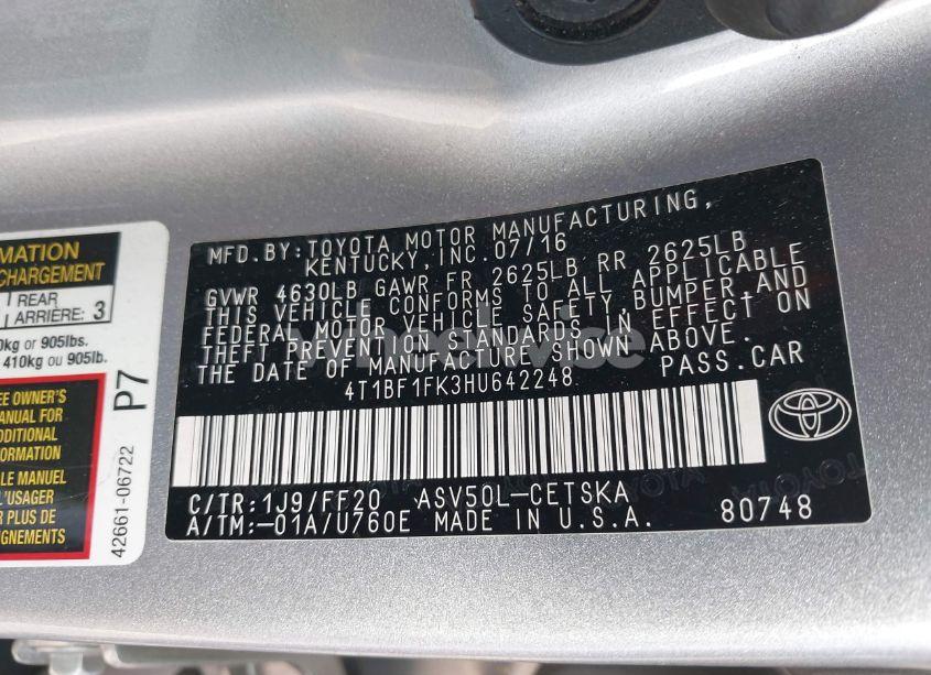 Photo 9 of 2017 Toyota Camry SE (VIN 4T1BF1FK3HU642248)