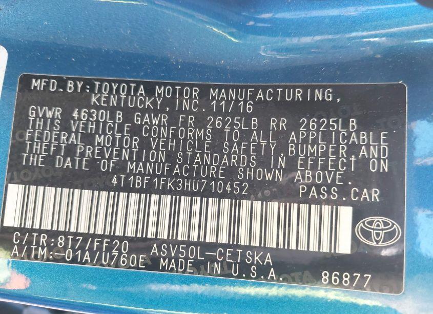 Photo 9 of 2017 Toyota Camry SE (VIN 4T1BF1FK3HU710452)