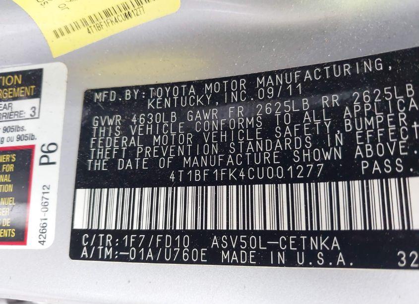 Photo 9 of 2012 Toyota Camry LE (VIN 4T1BF1FK4CU001277)