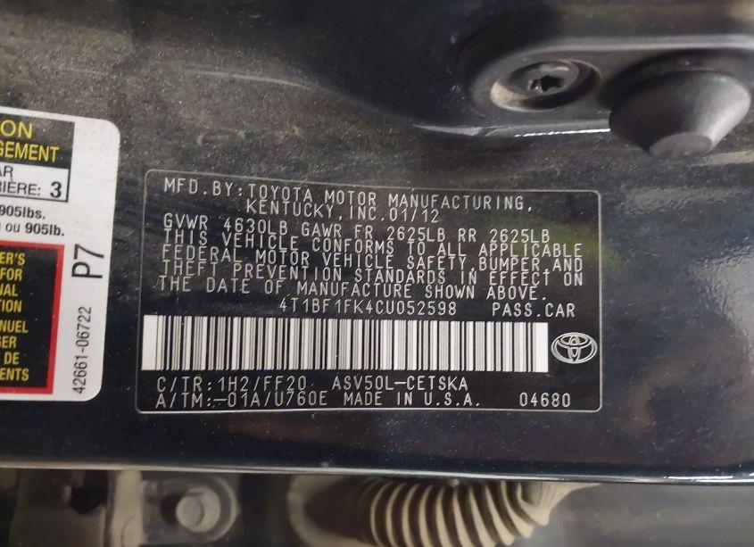 Photo 9 of 2012 Toyota Camry SE (VIN 4T1BF1FK4CU052598)