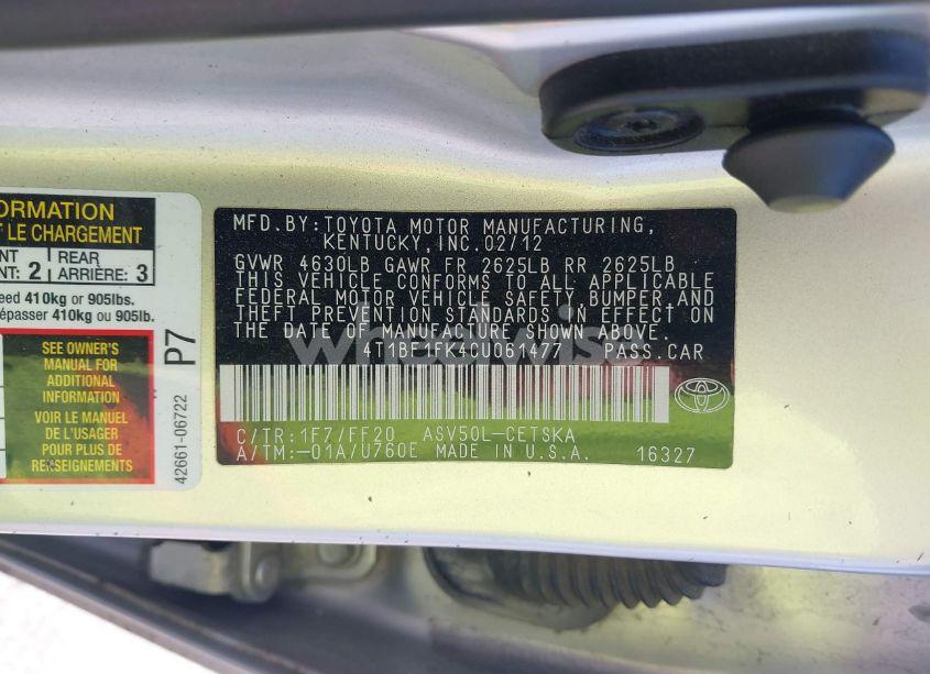 Photo 9 of 2012 Toyota Camry SE (VIN 4T1BF1FK4CU061477)