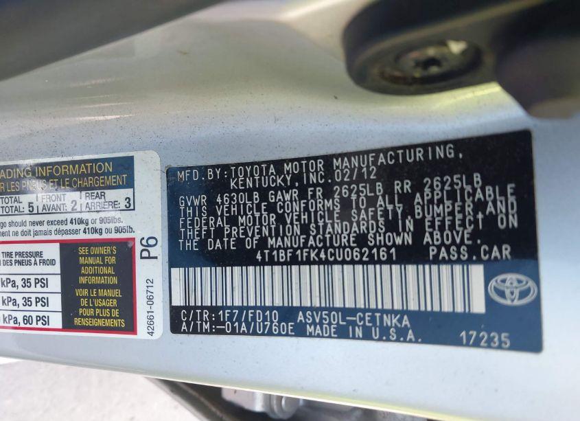 Photo 9 of 2012 Toyota Camry LE (VIN 4T1BF1FK4CU062161)