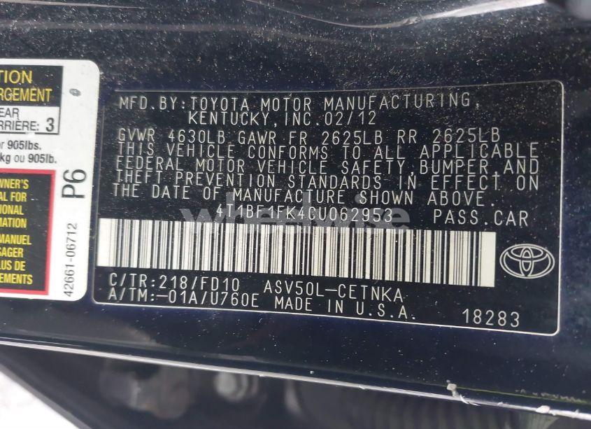 Photo 9 of 2012 Toyota Camry LE (VIN 4T1BF1FK4CU062953)