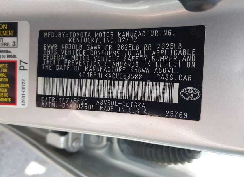 Photo 9 of 2012 Toyota Camry SE (VIN 4T1BF1FK4CU068588)