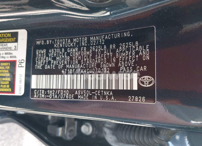 Photo 9 of 2012 Toyota Camry LE (VIN 4T1BF1FK4CU070132)