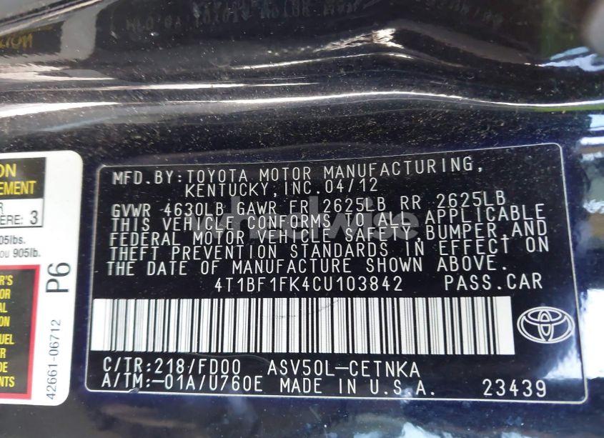 Photo 9 of 2012 Toyota Camry LE (VIN 4T1BF1FK4CU103842)