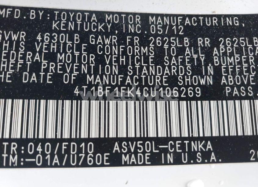 Photo 9 of 2012 Toyota Camry LE (VIN 4T1BF1FK4CU106269)