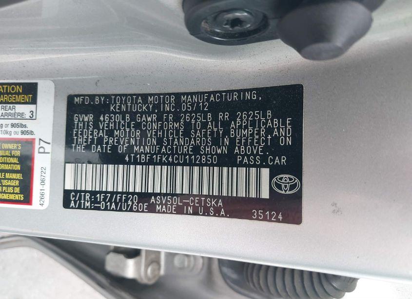 Photo 9 of 2012 Toyota Camry SE (VIN 4T1BF1FK4CU112850)