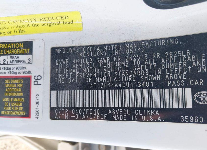 Photo 9 of 2012 Toyota Camry LE (VIN 4T1BF1FK4CU113481)