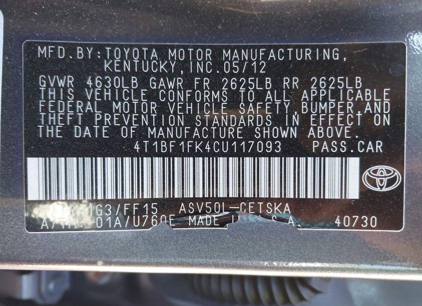 Photo 9 of 2012 Toyota Camry SE (VIN 4T1BF1FK4CU117093)