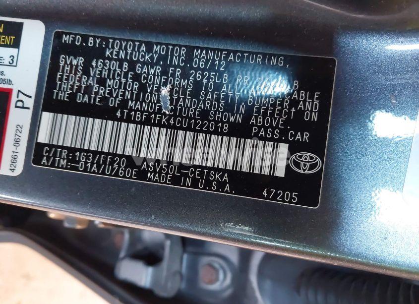 Photo 9 of 2012 Toyota Camry SE (VIN 4T1BF1FK4CU122018)