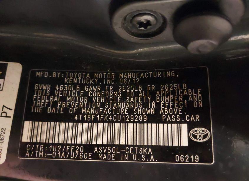 Photo 9 of 2012 Toyota Camry SE (VIN 4T1BF1FK4CU129289)