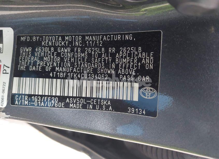 Photo 9 of 2012 Toyota Camry SE (VIN 4T1BF1FK4CU194062)