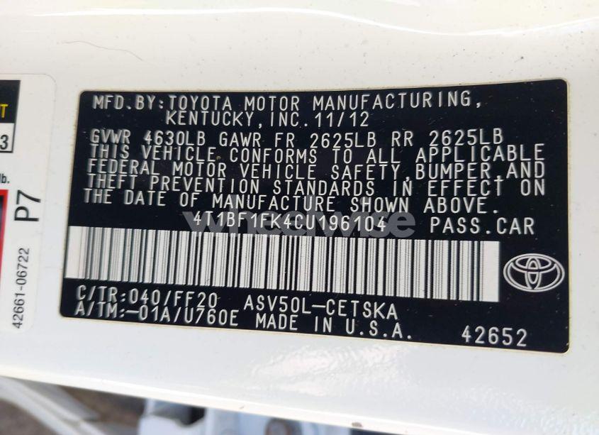 Photo 9 of 2012 Toyota Camry SE (VIN 4T1BF1FK4CU196104)