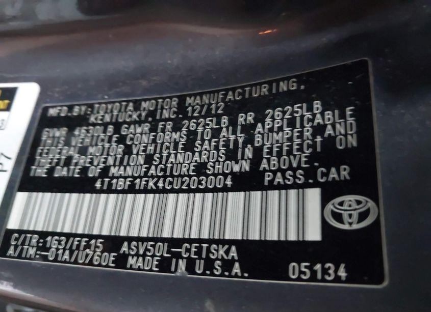 Photo 9 of 2012 Toyota Camry SE (VIN 4T1BF1FK4CU203004)