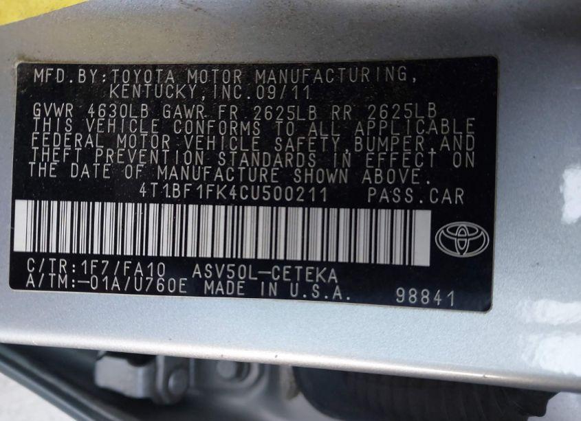 Photo 9 of 2012 Toyota Camry L (VIN 4T1BF1FK4CU500211)