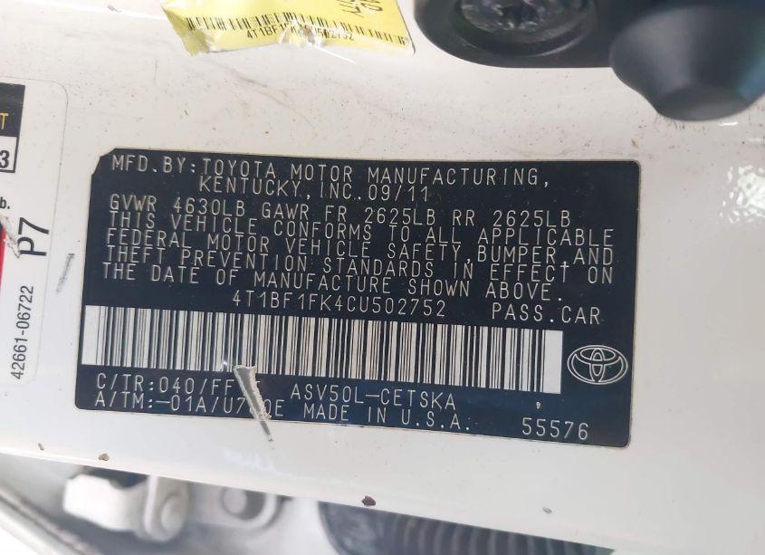 Photo 9 of 2012 Toyota Camry SE (VIN 4T1BF1FK4CU502752)