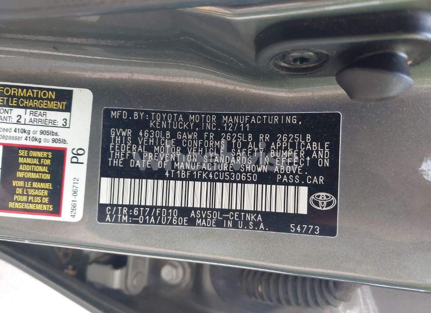 Photo 9 of 2012 Toyota Camry LE (VIN 4T1BF1FK4CU530650)