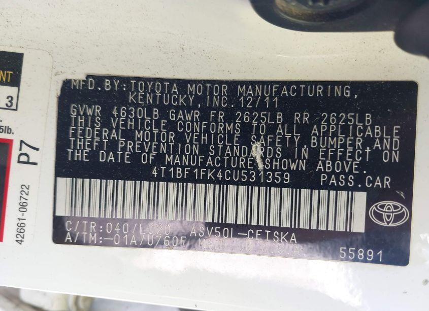 Photo 9 of 2012 Toyota Camry SE (VIN 4T1BF1FK4CU531359)