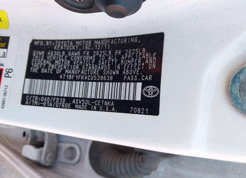 Photo 9 of 2012 Toyota Camry LE (VIN 4T1BF1FK4CU539638)
