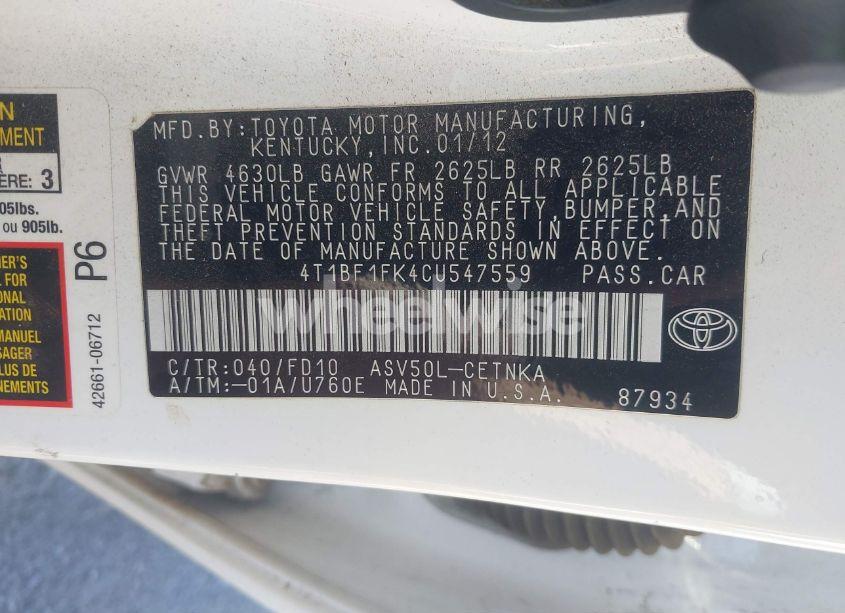 Photo 9 of 2012 Toyota Camry LE (VIN 4T1BF1FK4CU547559)