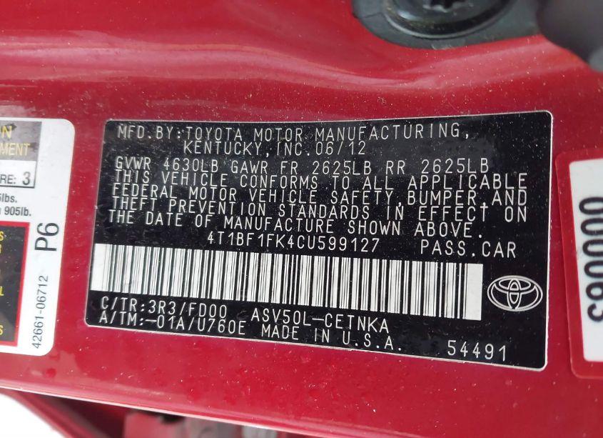 Photo 9 of 2012 Toyota Camry LE (VIN 4T1BF1FK4CU599127)