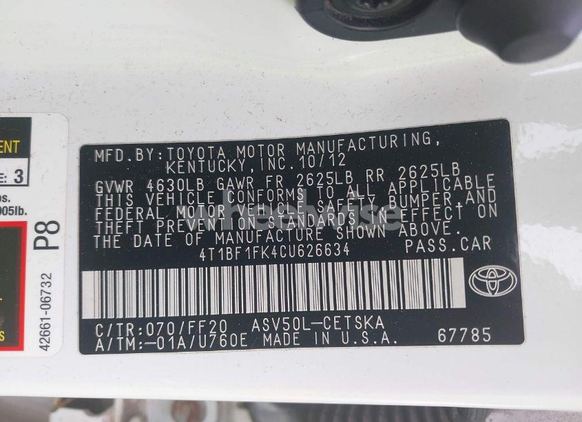 Photo 9 of 2012 Toyota Camry SE LIMITED EDITION (VIN 4T1BF1FK4CU626634)