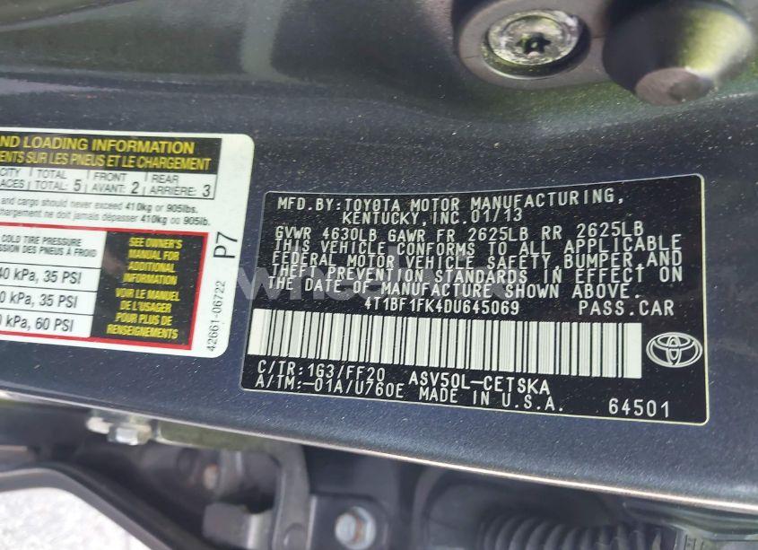 Photo 9 of 2013 Toyota Camry SE (VIN 4T1BF1FK4DU645069)