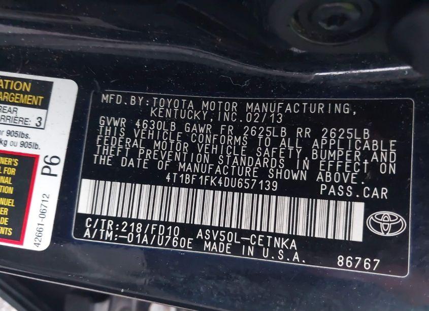 Photo 9 of 2013 Toyota Camry LE (VIN 4T1BF1FK4DU657139)