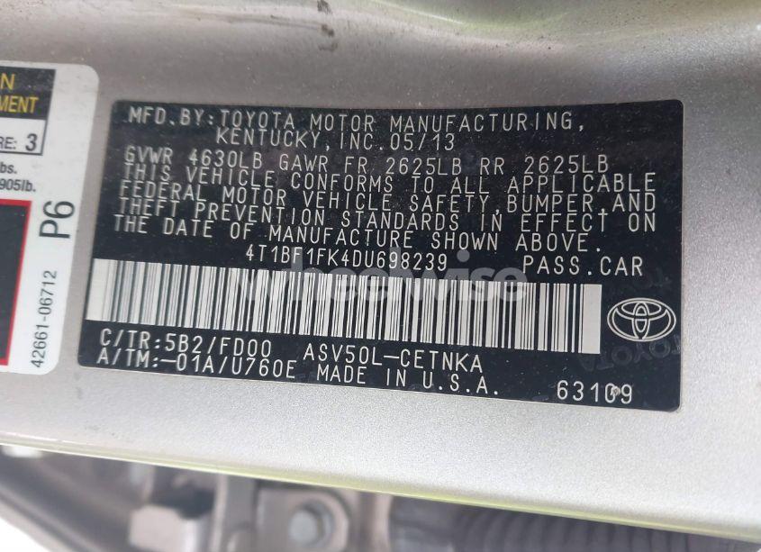 Photo 9 of 2013 Toyota Camry LE (VIN 4T1BF1FK4DU698239)