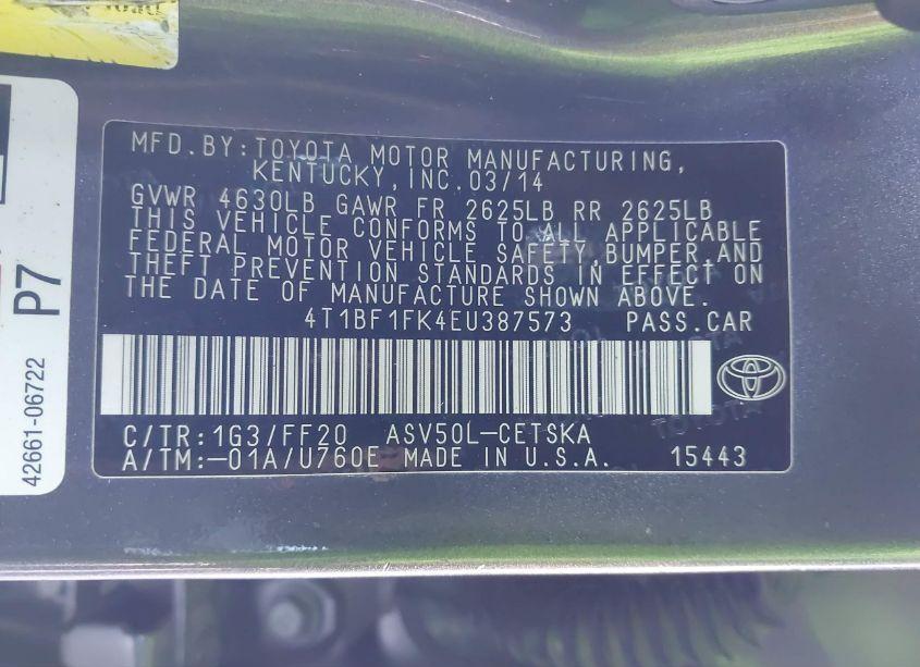 Photo 9 of 2014 Toyota Camry SE (VIN 4T1BF1FK4EU387573)