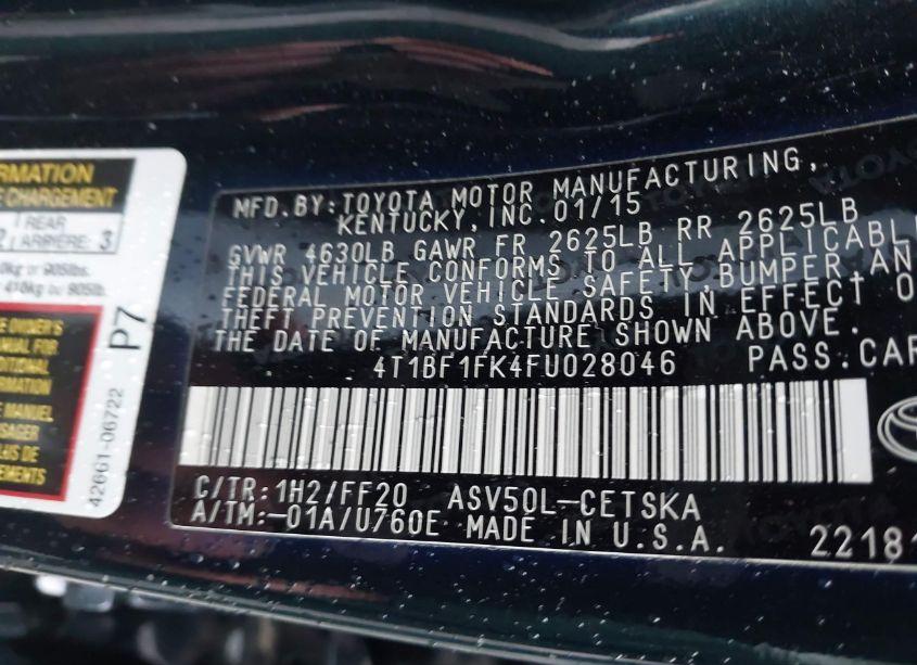 Photo 9 of 2015 Toyota Camry SE (VIN 4T1BF1FK4FU028046)