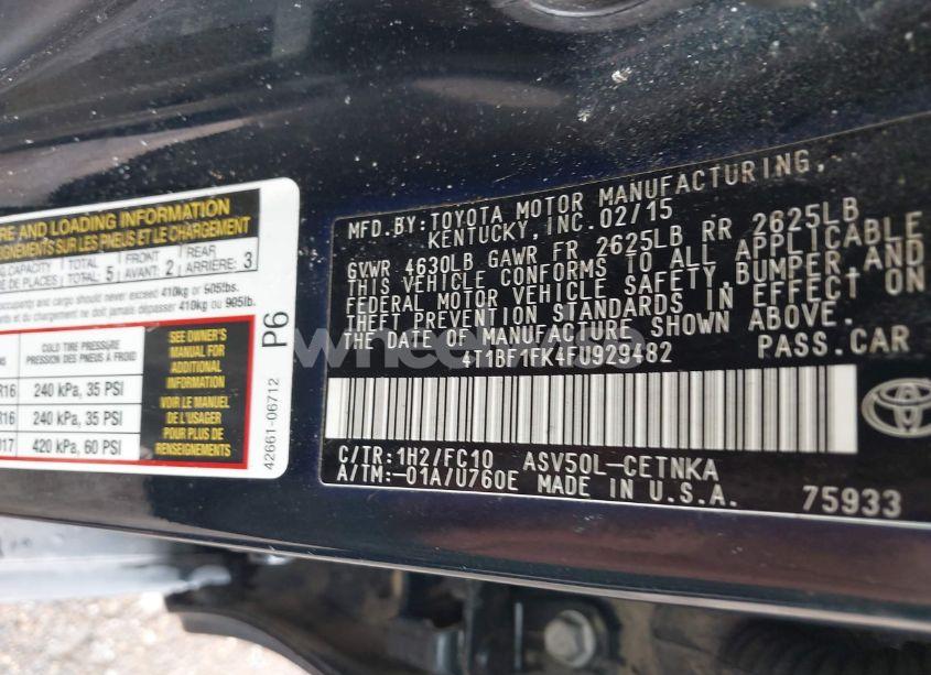 Photo 9 of 2015 Toyota Camry LE (VIN 4T1BF1FK4FU929482)