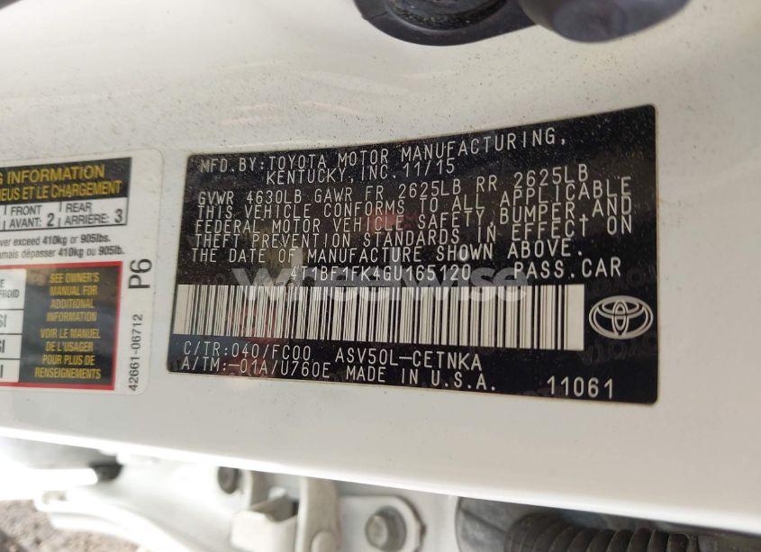 Photo 9 of 2016 Toyota Camry LE (VIN 4T1BF1FK4GU165120)