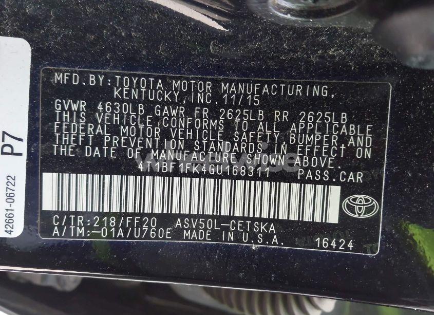 Photo 9 of 2016 Toyota Camry SE (VIN 4T1BF1FK4GU168311)