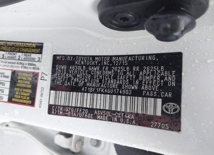 Photo 9 of 2016 Toyota Camry SE (VIN 4T1BF1FK4GU174903)