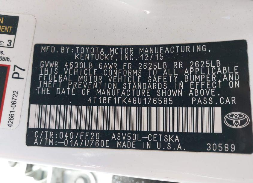 Photo 9 of 2016 Toyota Camry SE (VIN 4T1BF1FK4GU176585)